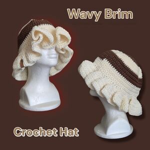 Wavy Brim Crochet Hat - Cream and Brown